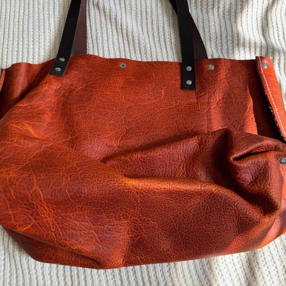 Custome Leather Tote by Home State Made - Sturdy Orange Leather with Brown Strap - Picture 4 of 7
